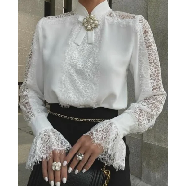 Kadın Uzun Kollu Hakim Yaka Ithal Dantel Detay Gömlek