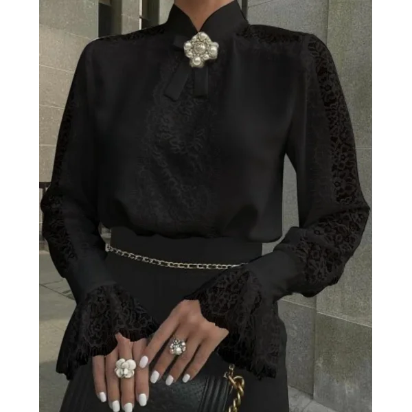 Kadın Uzun Kollu Hakim Yaka Ithal Dantel Detay Gömlek