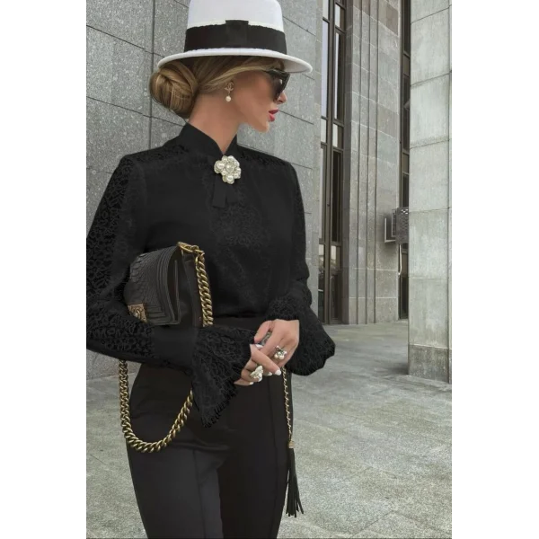 Kadın Uzun Kollu Hakim Yaka Ithal Dantel Detay Gömlek