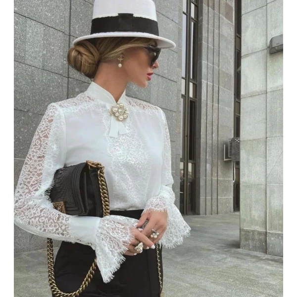 Kadın Uzun Kollu Hakim Yaka Ithal Dantel Detay Gömlek