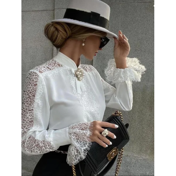 Kadın Uzun Kollu Hakim Yaka Ithal Dantel Detay Gömlek