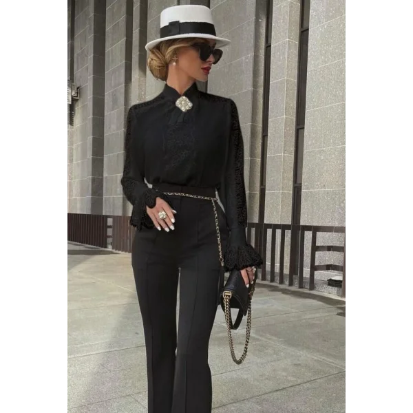 Kadın Uzun Kollu Hakim Yaka Ithal Dantel Detay Gömlek