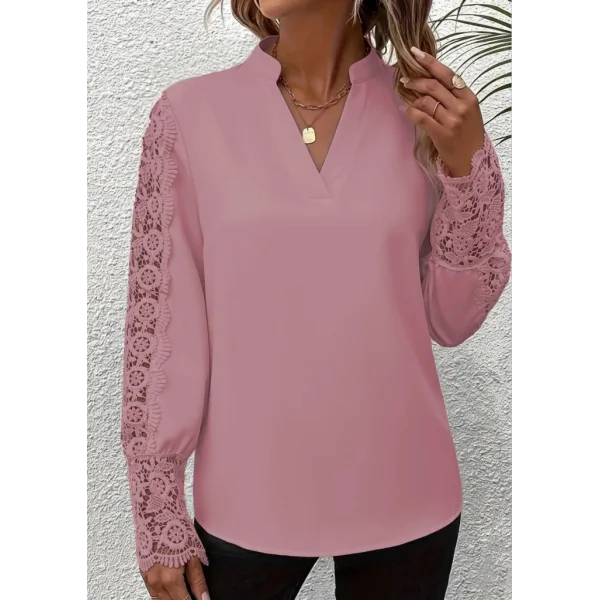 Kadın Uzun Kollu Hakim Yaka Kolları Dantel Detaylı Ithal Krep Bluz