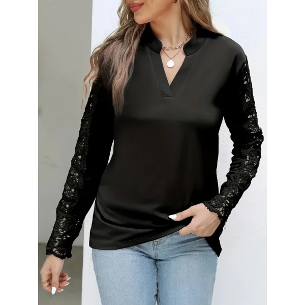 Kadın Uzun Kollu Hakim Yaka Kolları Dantel Detaylı Ithal Krep Bluz