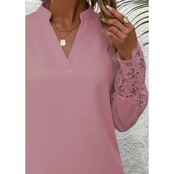 Kadın Uzun Kollu Hakim Yaka Kolları Dantel Detaylı Ithal Krep Bluz