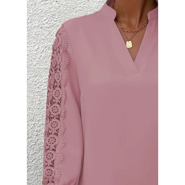 Kadın Uzun Kollu Hakim Yaka Kolları Dantel Detaylı Ithal Krep Bluz