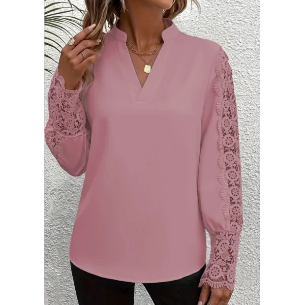 Kadın Uzun Kollu Hakim Yaka Kolları Dantel Detaylı Ithal Krep Bluz