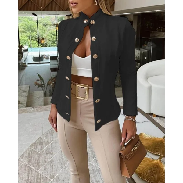 Kadın Uzun Kollu Hakim Yaka önden Düğmeli Atlas Ceket
