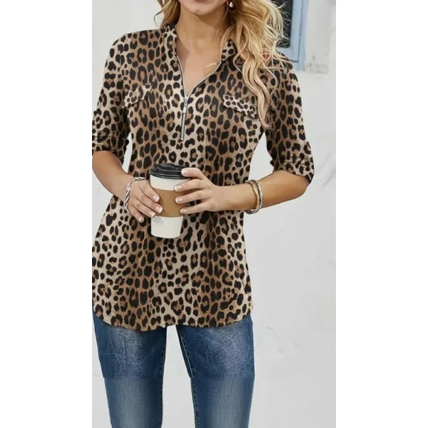 Kadın Uzun Kollu Hakim Yaka Yakadan Fermuarlı Geometrik Desenli Süprem Bluz