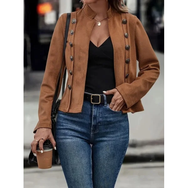 Kadın Uzun Kollu Hakim Yaka Yanlardan Düğmeli Kısa Süet Ceket