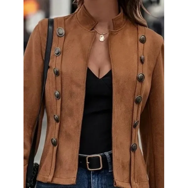 Kadın Uzun Kollu Hakim Yaka Yanlardan Düğmeli Kısa Süet Ceket