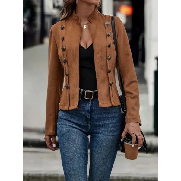 Kadın Uzun Kollu Hakim Yaka Yanlardan Düğmeli Kısa Süet Ceket
