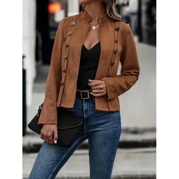Kadın Uzun Kollu Hakim Yaka Yanlardan Düğmeli Kısa Süet Ceket