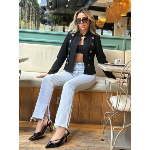 Kadın Uzun Kollu Hakim Yaka Yanlardan Düğmeli Kısa Süet Ceket