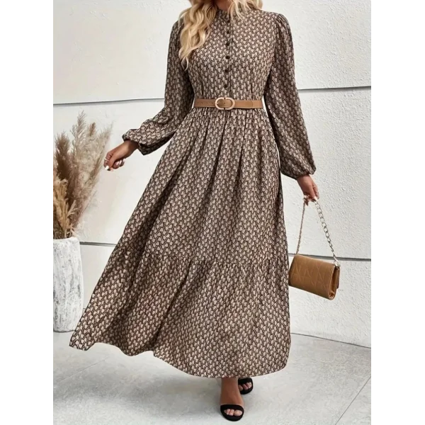 Kadın Uzun Kollu Hakim Yakalı Düğmeli Kemersiz Desenli Maxi Süprem Elbise