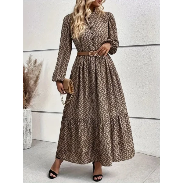 Kadın Uzun Kollu Hakim Yakalı Düğmeli Kemersiz Desenli Maxi Süprem Elbise