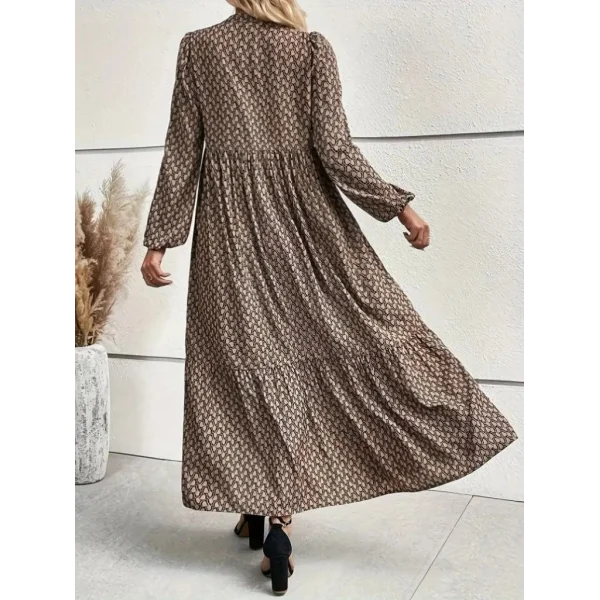 Kadın Uzun Kollu Hakim Yakalı Düğmeli Kemersiz Desenli Maxi Süprem Elbise