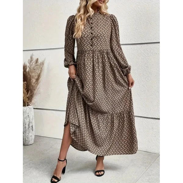 Kadın Uzun Kollu Hakim Yakalı Düğmeli Kemersiz Desenli Maxi Süprem Elbise