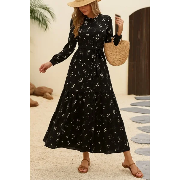 Kadın Uzun Kollu Hakim Yakalı Düğmeli Kuşaklı Desenli Maxi Mikro Süprem Elbise