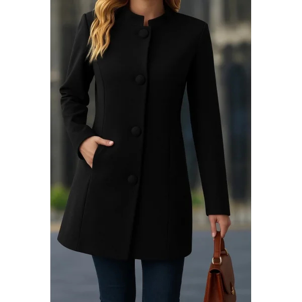 Kadın Uzun Kollu Hakim Yakalı önden Düğmeli Cep Detaylı Kısa Kaşe Kaban