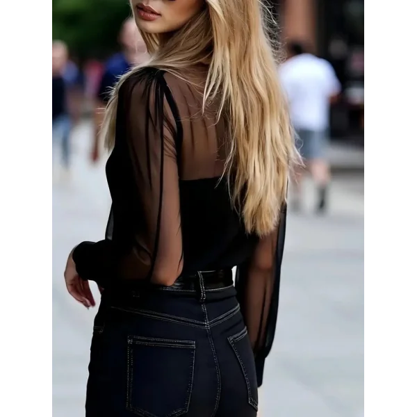 Kadın Uzun Kollu Hakim Yakalı önden Düğmeli Tül Detaylı Trikoton Gömlek