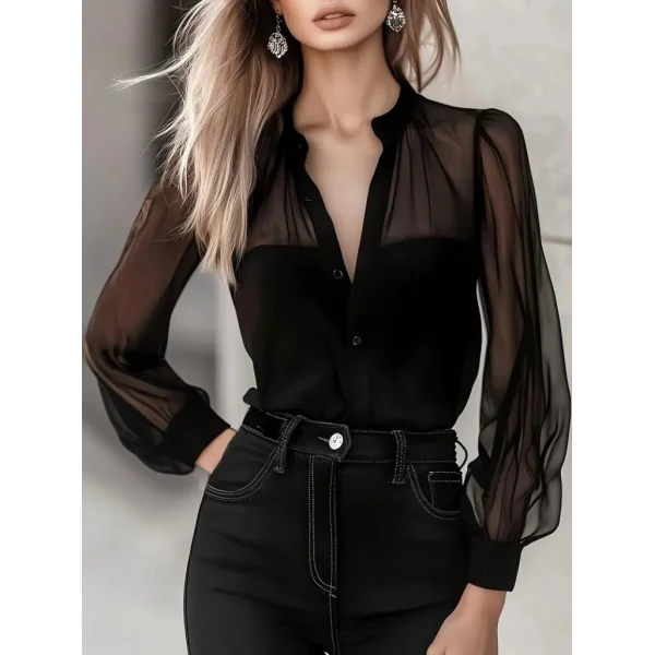 Kadın Uzun Kollu Hakim Yakalı önden Düğmeli Tül Detaylı Trikoton Gömlek