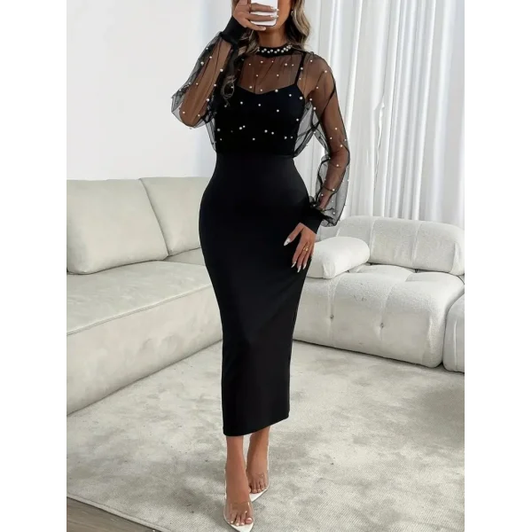 Kadın Uzun Kollu Halka Yaka Tül Inci Detaylı Uzun Ithal Krep Elbise