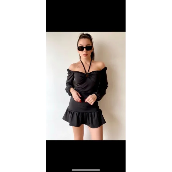 Kadın Uzun Kollu Halter Yaka Detay Mini Elbise