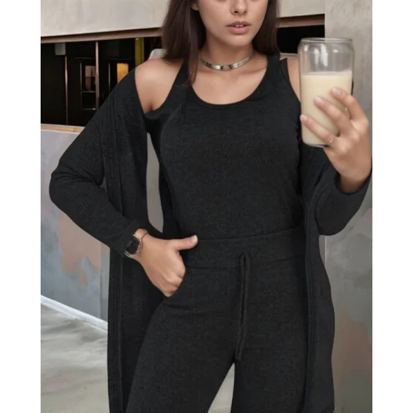 Kadın Uzun Kollu Hırka Atlet Ve Eşofman Yün Viskon üçlü Takım