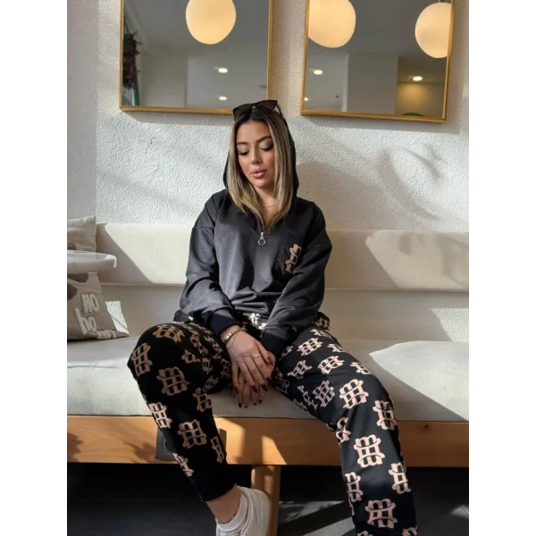 Kadın Uzun Kollu Iki Iplik Kumaş Fermuar Ve Cep Detay Kapüşonlu Ikili Takım