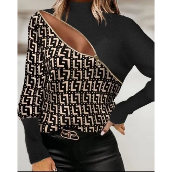 Kadın Uzun Kollu Iki Renk Fermuar Detay Fırsat ürün Desenli Bluz
