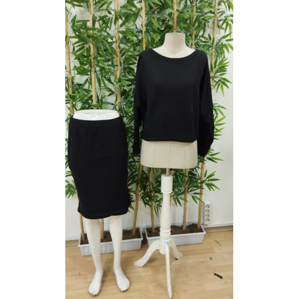 Kadın Uzun Kollu Iki Yanı Açık Yaka Detaylı Bluz Ve Etek şardonlu Kaşkorse Ikili Takım