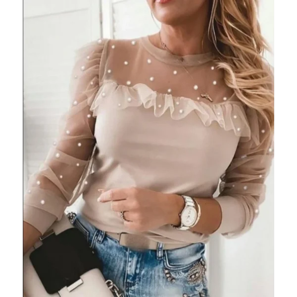Kadın Uzun Kollu Inci Detaylı Tüllü Viskon Bluz