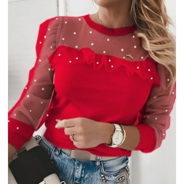 Kadın Uzun Kollu Inci Detaylı Tüllü Viskon Bluz