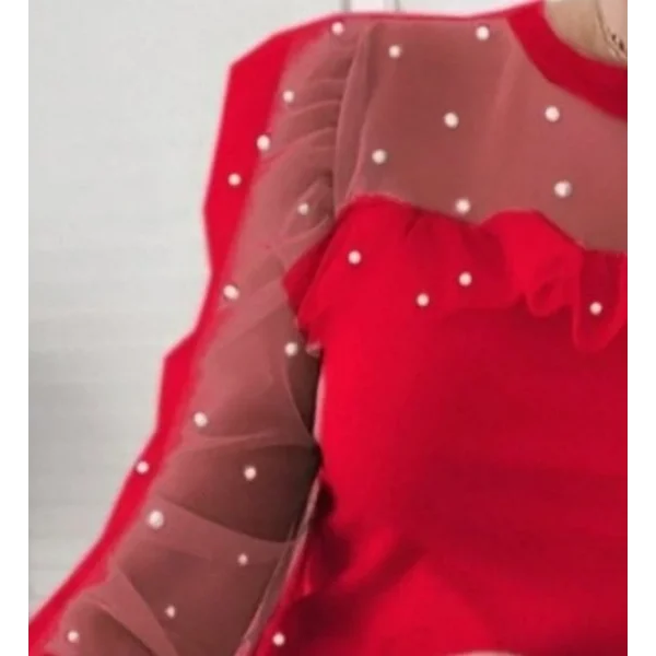 Kadın Uzun Kollu Inci Detaylı Tüllü Viskon Bluz