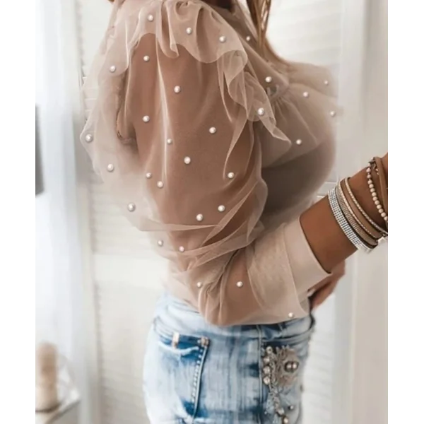 Kadın Uzun Kollu Inci Detaylı Tüllü Viskon Bluz