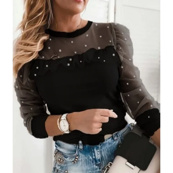 Kadın Uzun Kollu Inci Detaylı Tüllü Viskon Bluz
