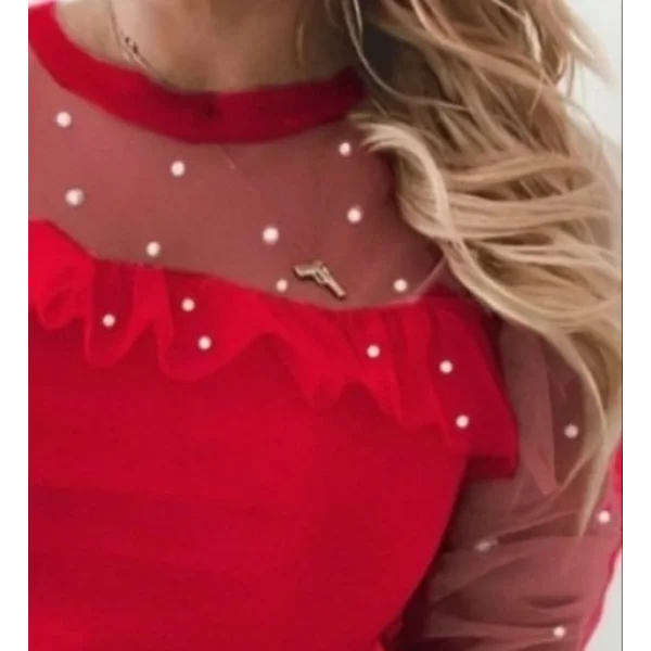 Kadın Uzun Kollu Inci Detaylı Tüllü Viskon Bluz