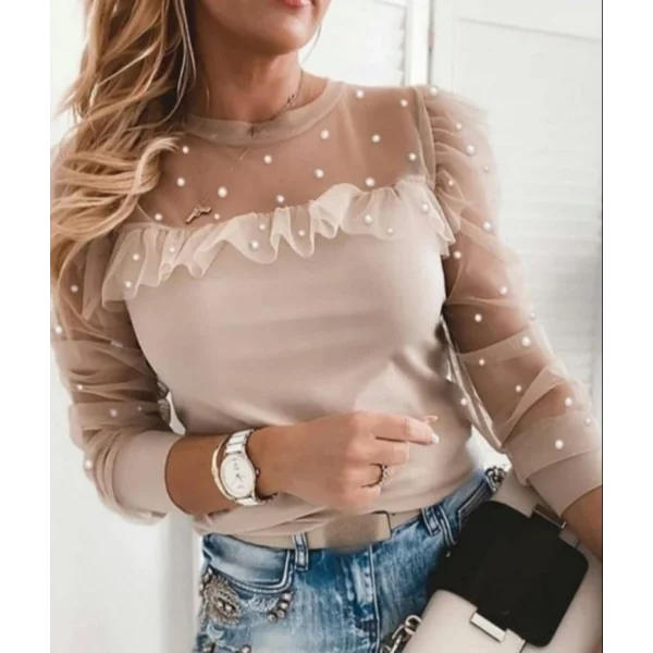 Kadın Uzun Kollu Inci Detaylı Tüllü Viskon Bluz