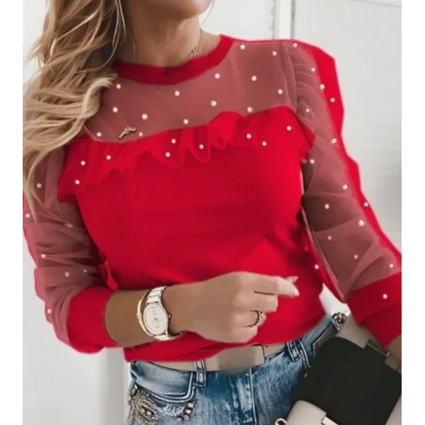 Kadın Uzun Kollu Inci Detaylı Tüllü Viskon Bluz