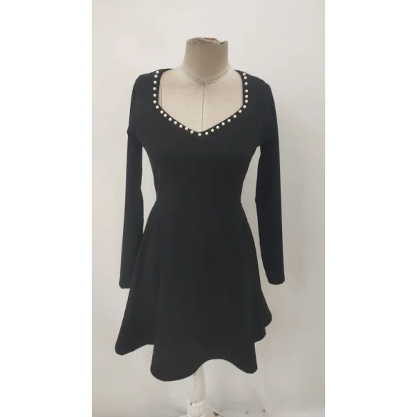 Kadın Uzun Kollu Inci Yakalı Kısa Ithal Krep Elbise