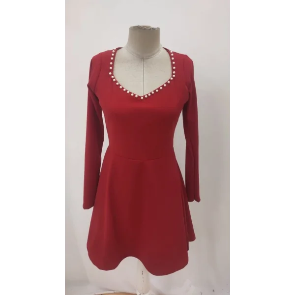 Kadın Uzun Kollu Inci Yakalı Kısa Ithal Krep Elbise