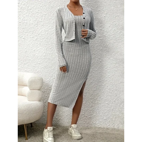 Kadın Uzun Kollu Ip Askılı Yuvarlak Yakalı Yandan Yırtmaçlı Elbise Ve Kısa Ceket şardonlu Kaşkorse Ikili Takım