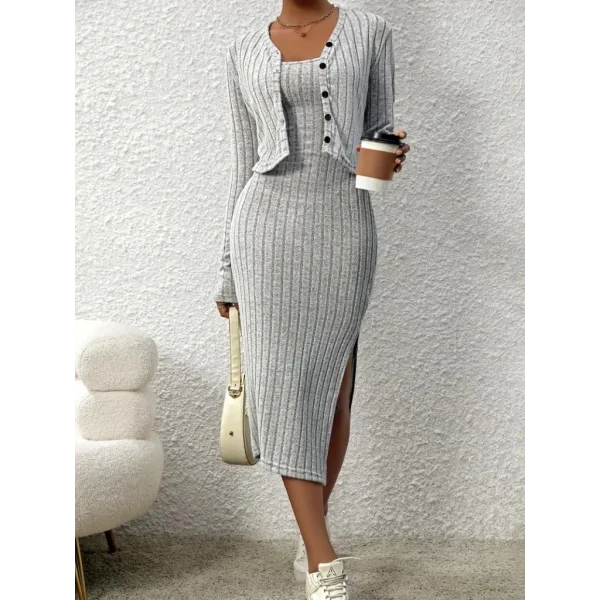 Kadın Uzun Kollu Ip Askılı Yuvarlak Yakalı Yandan Yırtmaçlı Elbise Ve Kısa Ceket şardonlu Kaşkorse Ikili Takım