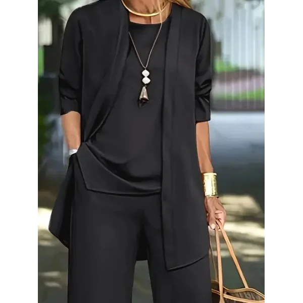 Kadın Uzun Kollu Ithal Krep Onu Açık Ceket Askılı Yuvarlak Yaka Bluz Ve Cepli Pantolon üçlü Takım
