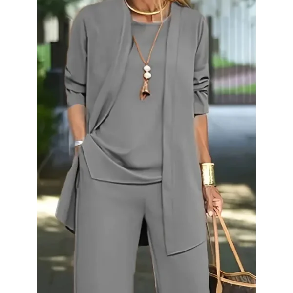 Kadın Uzun Kollu Ithal Krep Onu Açık Ceket Askılı Yuvarlak Yaka Bluz Ve Cepli Pantolon üçlü Takım