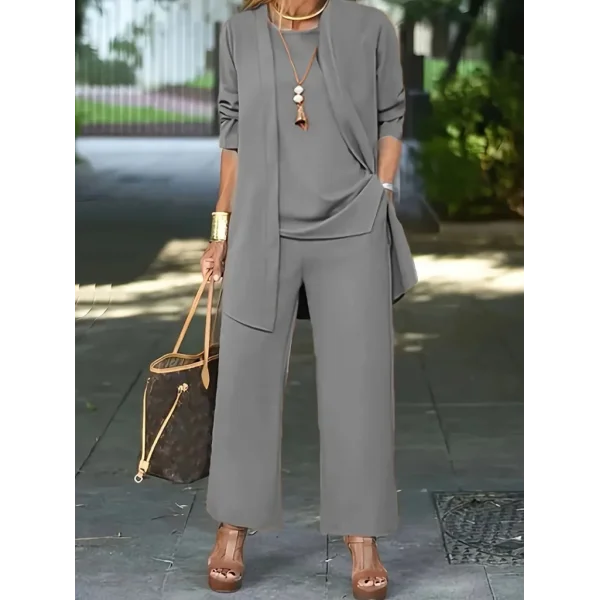 Kadın Uzun Kollu Ithal Krep Onu Açık Ceket Askılı Yuvarlak Yaka Bluz Ve Cepli Pantolon üçlü Takım