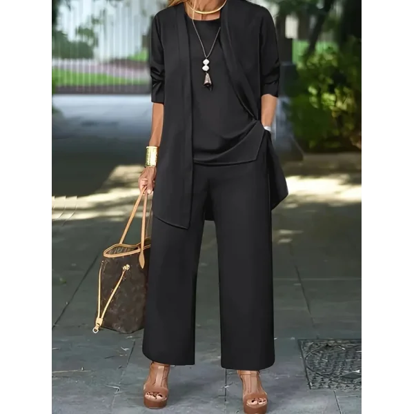 Kadın Uzun Kollu Ithal Krep Onu Açık Ceket Askılı Yuvarlak Yaka Bluz Ve Cepli Pantolon üçlü Takım