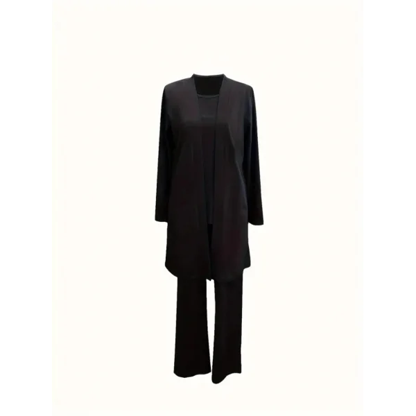 Kadın Uzun Kollu Ithal Krep Onu Açık Ceket Askılı Yuvarlak Yaka Bluz Ve Cepli Pantolon üçlü Takım