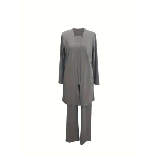 Kadın Uzun Kollu Ithal Krep Onu Açık Ceket Askılı Yuvarlak Yaka Bluz Ve Cepli Pantolon üçlü Takım